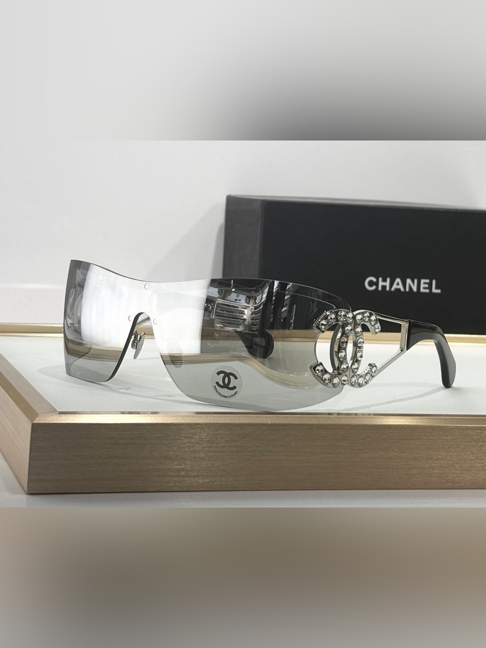 CHANEL Silver Mirrored Shield Sunglasses with Crystal CC Accent